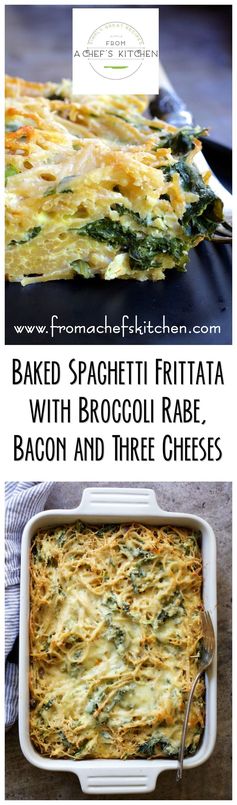 Baked Spaghetti Frittata with Broccoli Rabe, Bacon and Three Cheeses