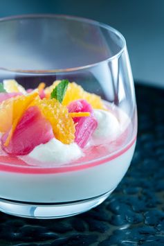 Baked yoghurt with poached rhubarb and confit orange