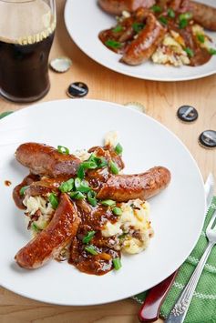 Bangers and Colcannon with Guinness Onion Gravy