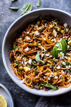 Basil Sweet Potato Noodle, Feta and Sweet Corn Miso Carbonara