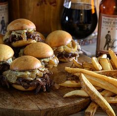 Beer-Braised Short Rib Sliders with White Cheddar, Caramelized Onions and Black Pepper Aioli