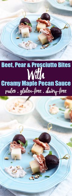 Beet, Pear & Prosciutto Bites With Creamy Maple Pecan Sauce