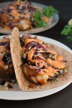 Blackened Fish Tacos with Cilantro Slaw and Sriracha Mayo