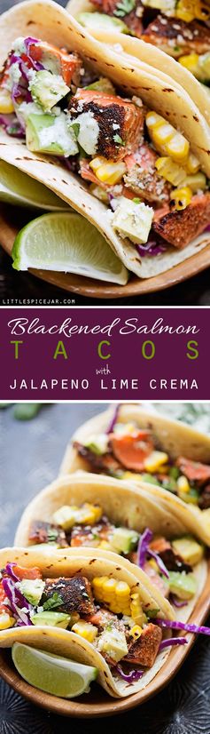 Blackened Salmon Tacos with Jalapeño Lime Crema