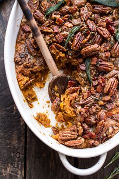 Bourbon Sweet Potato Casserole with Sweet ‘n’ Savory Bacon Pecans