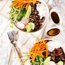 Bowl of Food: Thai Beef and fresh vegetables