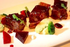 Braised beef short rib bites with beets 