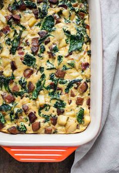 Breakfast Casserole with Bacon, Sausage, Sweet Potato, and Kale