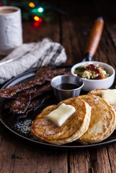 Breakfast for Dinner: Buttermilk Ricotta Pancakes with Maple Candied Bacon + Eggs