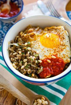 Brown Rice Mujadara Bowl with a Fried Egg