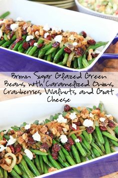 Brown sugar glazed green beans with caramelized onions, cranberries, walnuts, and goat cheese