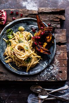 Brussels Sprout Carbonara with Chile Pomegranate Roasted Squash