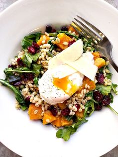 Butternut squash and barley salad with poached egg