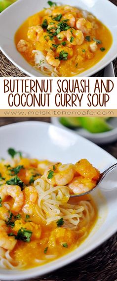 Butternut Squash and Coconut Curry Soup with Shrimp and Rice Noodles