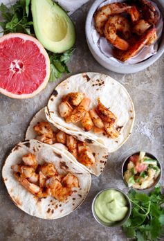 Cajun Shrimp Tacos with Grapefruit Pineapple Salsa & Avocado Crema (GF & DF