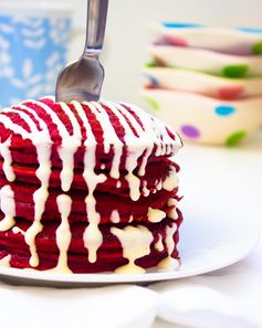 Cake Batter Red Velvet Pancakes with Cream Cheese Syrup