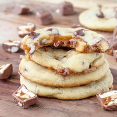 Caramel Stuffed Brown Butter Snickers Chocolate Chip Cookies