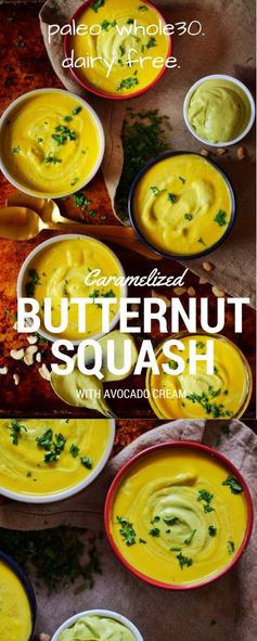 Caramelized Butternut Squash Soup with Avocado Cream