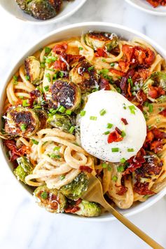 Caramelized Onion Carbonara with Brussels Sprouts & Burrata