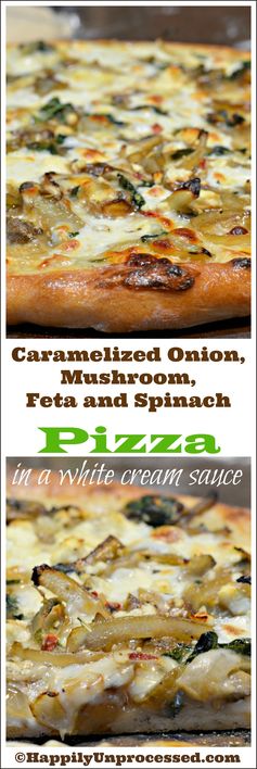 Caramelized Onion, Mushroom, Feta Pizza with White Bechemel Sauce