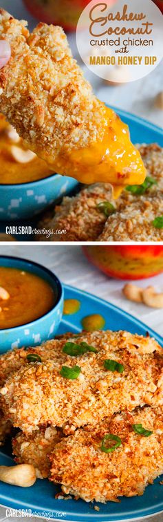 Cashew Coconut Crusted Chicken Tenders with Mango Honey Dip