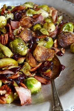Cast Iron Brussels Sprouts with Bacon, Pecan and Cranberry