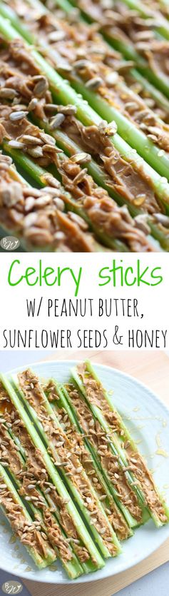 Celery with Peanut Butter, Sunflower Seeds, and Honey