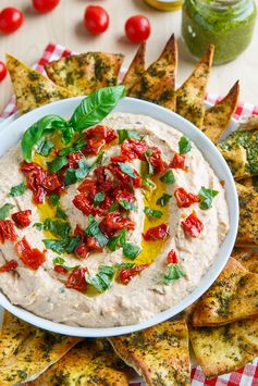 Cheesy Margherita Pizza Hummus with Pesto Pita Chips