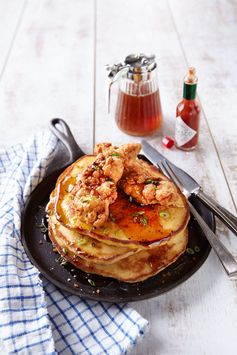 Chicken and Corn Bread Pancakes with Spicy Syrup