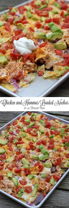 Chicken and Hummus Loaded Nachos in a Sheet Pan