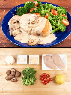 Chicken au Fromage with mushroom-cheese sauce and lemon-broccoli