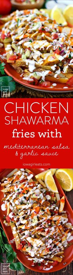 Chicken Shawarma Fries with Mediterranean Salsa and Garlic Sauce