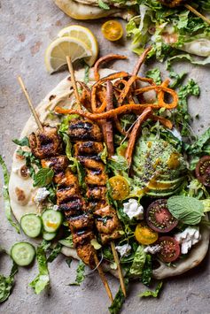 Chicken Shawarma Naan Salad with Sweet Potato Fries