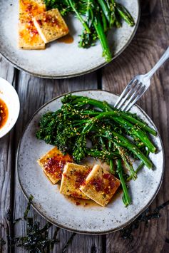 Chili garlic tofu with sesame broccolini