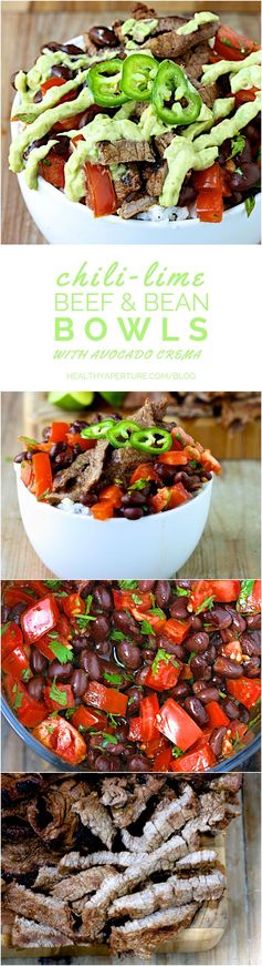 Chili-Lime Beef and Black Bean Bowls with Avocado Crema