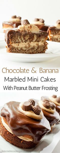 Chocolate and Banana Marbled Mini Cakes with Peanut Butter Frosting