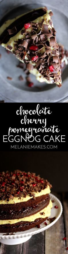 Chocolate Cherry Pomegranate Eggnog Cake