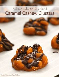 Chocolate Drizzled Caramel Cashew Clusters