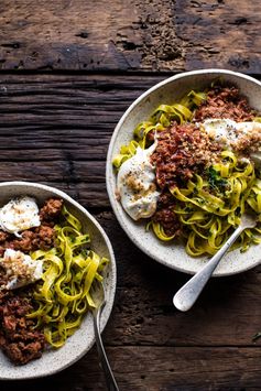 Chorizo Bolognese Pasta with Sourdough Pangrattato + Burrata