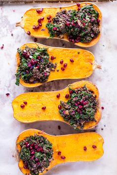 Christmas menu entrée: Holiday Stuffed Butternut Squash with Lentils and Kale