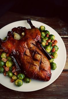 Christmas Roast Duck with Port and Cherry Sauce and Fried Brussel Sprouts