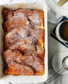 Churro French Toast Casserole with Mexican Chocolate Drizzle