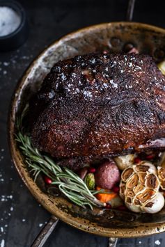 Coffee Rubbed Prime Rib Roast with Roasted Garlic Gorgonzola Butter