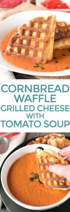 Cornbread Waffle Grilled Cheese Sandwich with Tomato Basil Soup