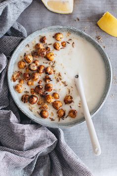 Creamy Cauliflower Soup with Mustard Roasted Chickpeas