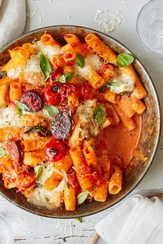 Creamy chicken, tomato and chorizo pasta bake