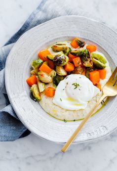 Creamy Goat Cheese Grits with Roasted Brussels Sprouts and Squash and Poached Eggs