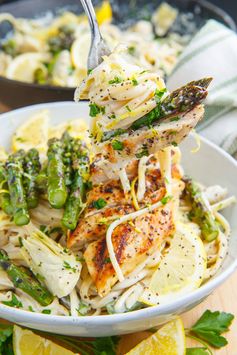 Creamy Lemon Grilled Chicken, Asparagus and Artichoke Pasta