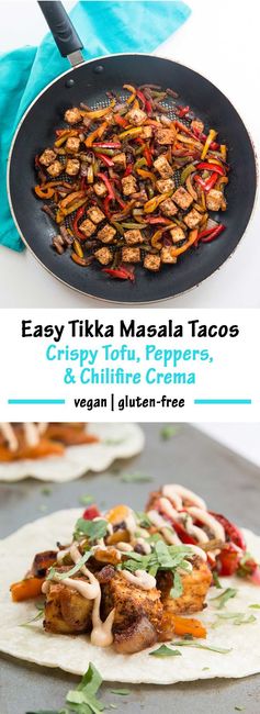 Crispy Tofu Tikka Masala Tacos with Peppers, Onions, & Chilifire Crema