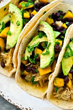 Crockpot Green Chile Chicken Tacos with Mango Black Bean Salsa